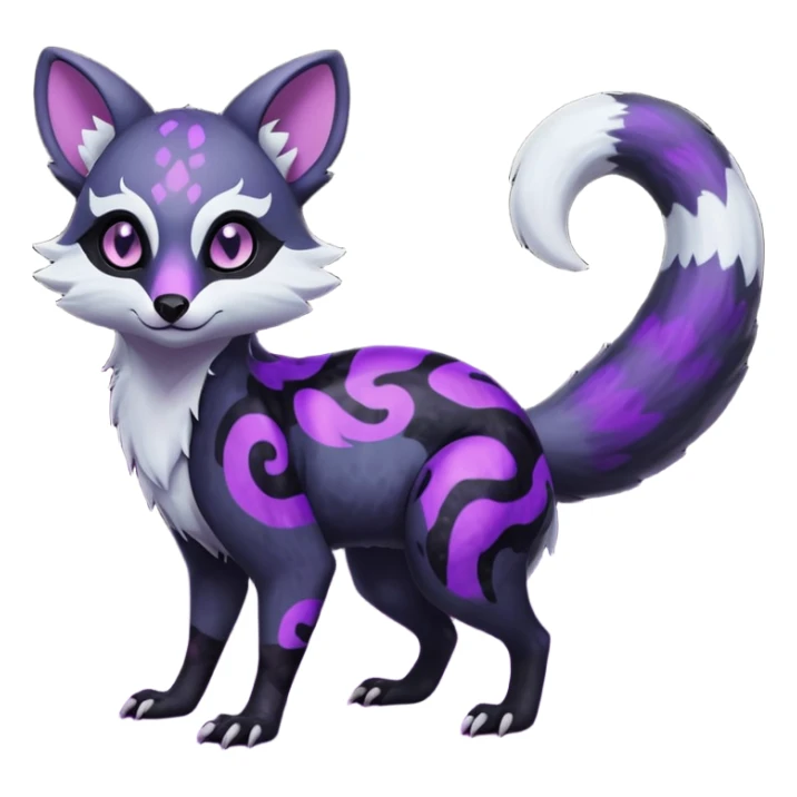 Obsidian-onyx-black fur base coat with glowing-neon-purple markings and patterns, shiny blind glossy hollow eyes, magical fantasy-Genet-Absol-Marsupial-Possum-Vernid-Sergal-Fakémon-hybrid, by LiLaiRa-griffsnuff, full body sticker