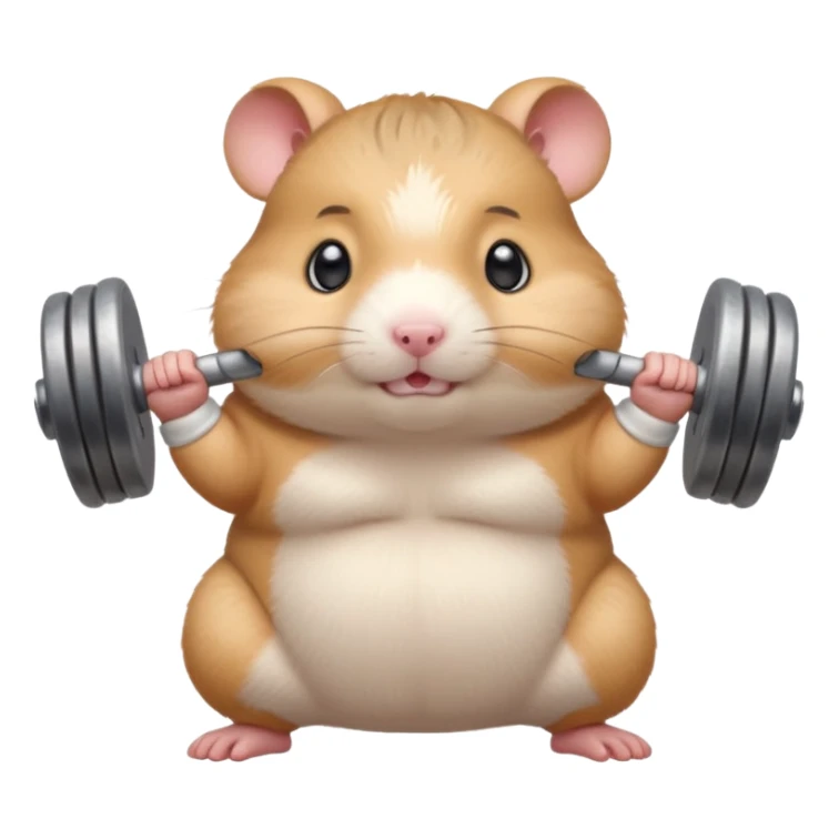 Cute cartoon-style chubby hamster standing upright, wearing a tiny sweatband, lifting oversized dumbbells with determined expression. Soft painterly shading, expressive eyes, white background, sticker-style illustration sticker