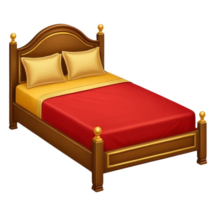 bed with red and gold sheets, wooden sticker