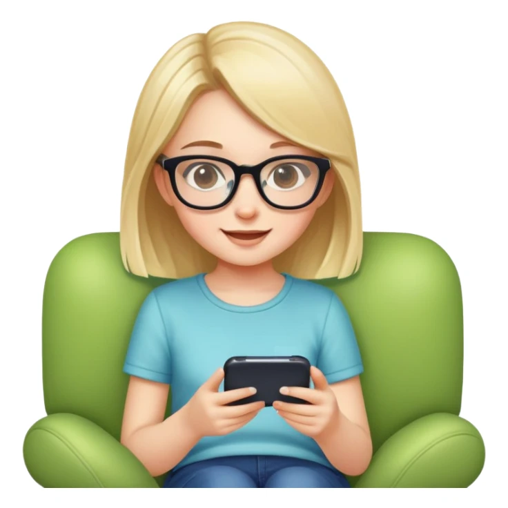 A cute young girl with glasses sitting on a couch, happily playing a mobile phone game sticker