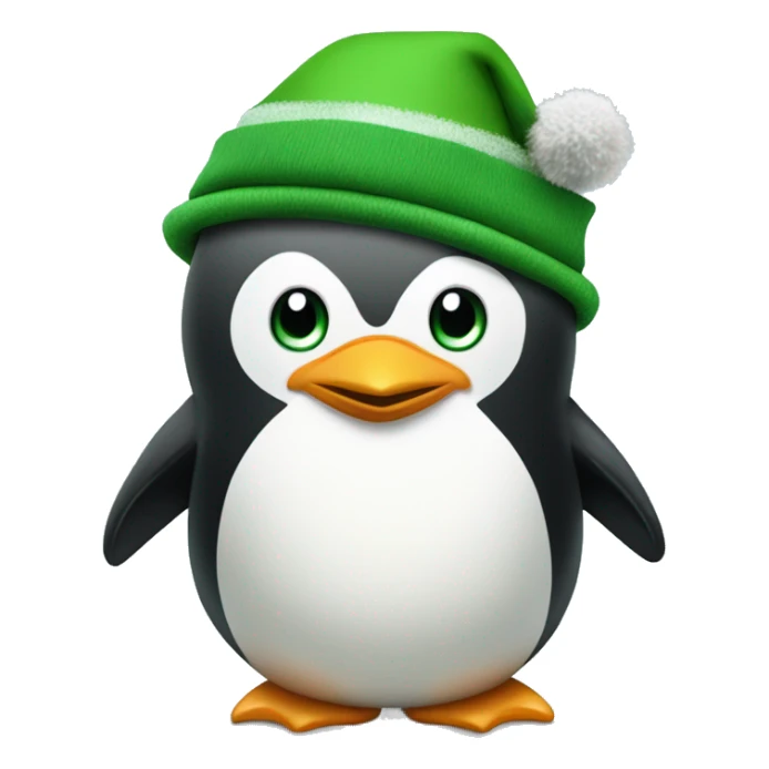 A penguin with a green Christmas hat with a small pom pom on it and  an oversized green elf jacket with belly showing sticker