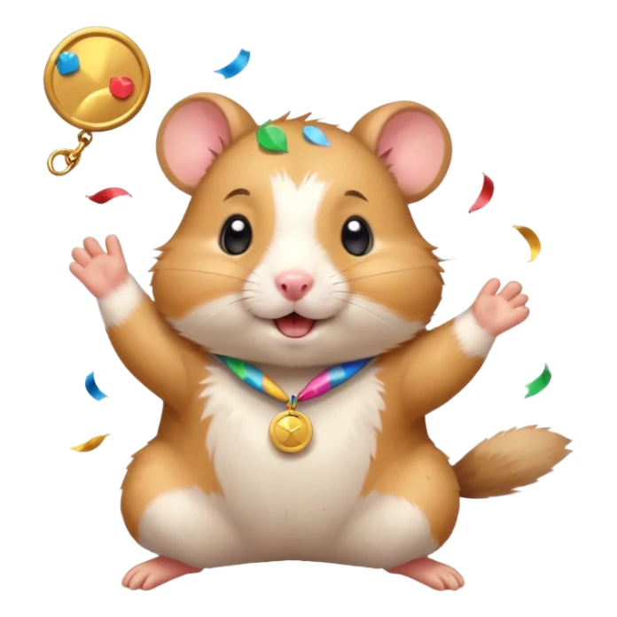 Cute cartoon-style hamster throwing confetti, holding a tiny medal, joyful expression. Painterly shading, white background, sticker-style illustration sticker