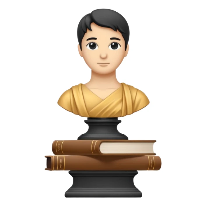 Minimalistic flat vector icon, iOS style, thin black contour on white background. Bust statue on a small pedestal next to a stack of books, symbolizing classic literature. Clean, no text, no shadows sticker