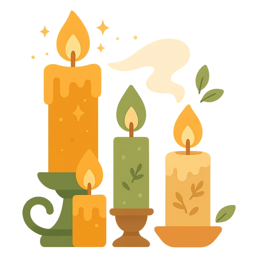 Several cute, glowing candles with flickering flames, set in a cozy and magical atmosphere, designed in a soft color palette: golden orange (FA9B41), deep forest green (4A7C5C), warm taupe brown (96775A), and pastel peach (FFCC9A). The candles are in delicate, slightly vintage holders, with the flames casting a gentle, warm glow. The wax is in shades of golden orange and peach, with subtle gradients, and small decorative patterns or tiny sparkles around them. The soft light from the candles creates a dreamy, enchanting ambiance, surrounded by tiny floating leaves or soft mist. The overall mood is serene, inviting, and magical. sticker