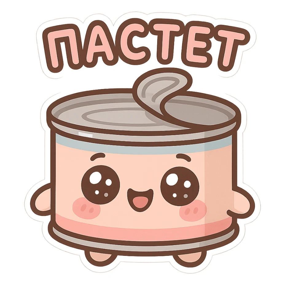 Chibi style cute pâté tin can character, big sparkling eyes, happy smiling face, tiny chubby proportions, kawaii emoji style, thick clean outline, simple shapes, soft pastel colors, flat illustration, transparent or white background, text on top saying "ПАСТЕТ" in bold cute Cyrillic letters, Twitch emote style, readable at small size sticker