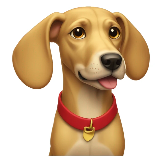 mustard colored dog with very long ears and red collar sticker