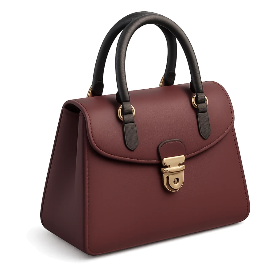 a luxury handbag in burgundy color, realistic lighting and depth, matte background sticker