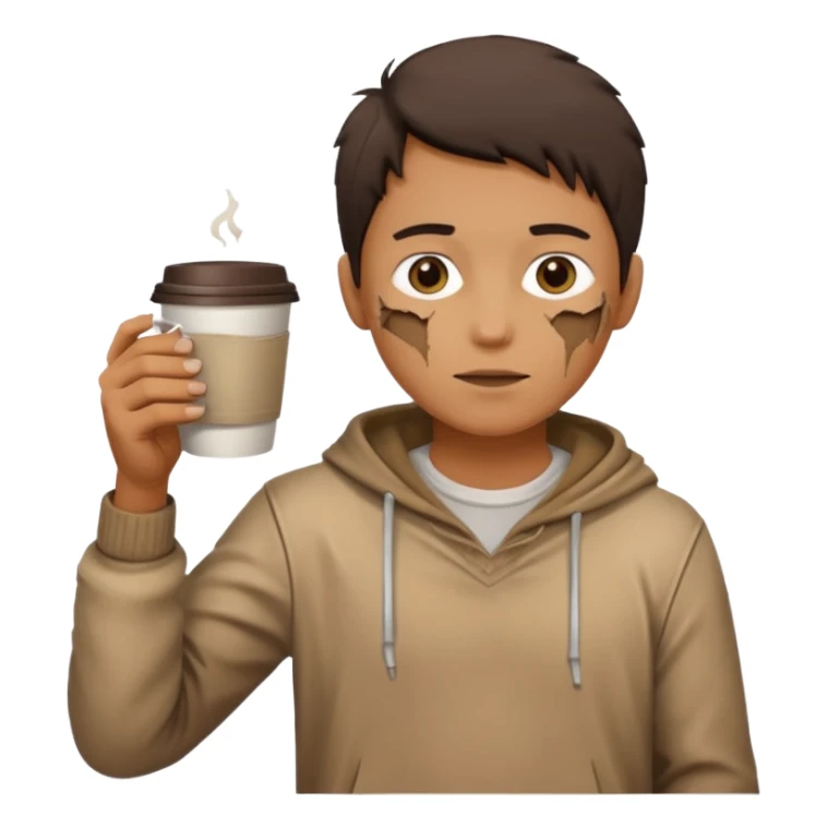 Create an emoji that shows a person wearing torn clothes with visible dirt marks and an empty cup. sticker