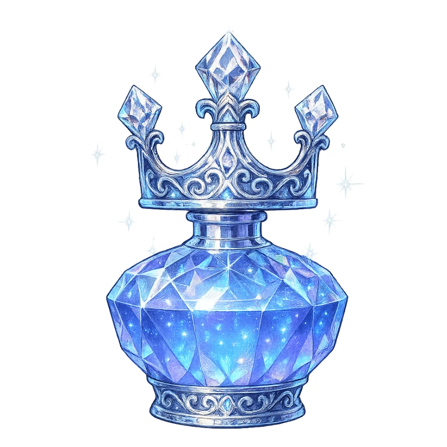 crown-shaped ultra luxurious elixir bottle, color #7986cb, multi-layered holographic and silver details, intricate crystal facets, magical radiant glowing and sparkling effects, seamless ornate bottom, very small neck, transparent background, floating clearly in air, not standing, no base or shadow, modern, extremely beautiful, matching a collection sticker