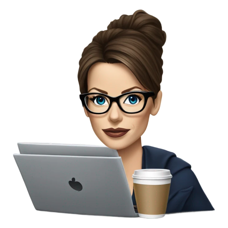 Hyper Realistic Kate Beckinsale dark blue eyes wearing glasses drinking coffee at a laptop  sticker