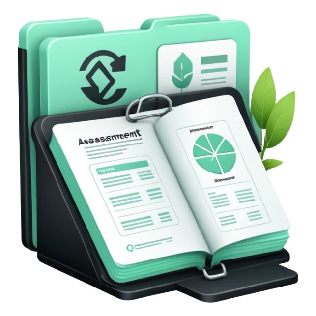 Environnement (Environment), 3D technical icon with black and mint green (#B5F4D3), environmental impact assessment document with regulatory compliance indicators and sustainability metrics sticker