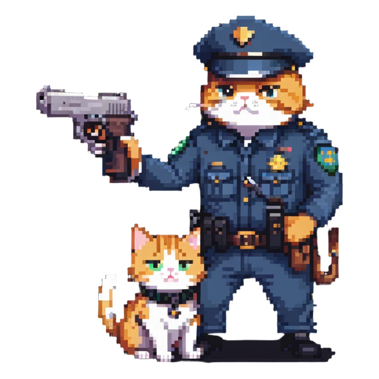 a cop and a cat with a gun, both in a playful pose sticker