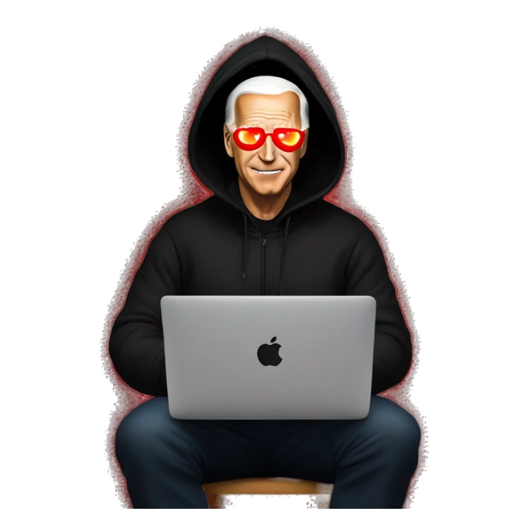 joe biden in a black hoodie with bright red glowing laser eyes typing on a macbook, joe biden, black hoodie, bright red glowing eyes, typing on macbook sticker