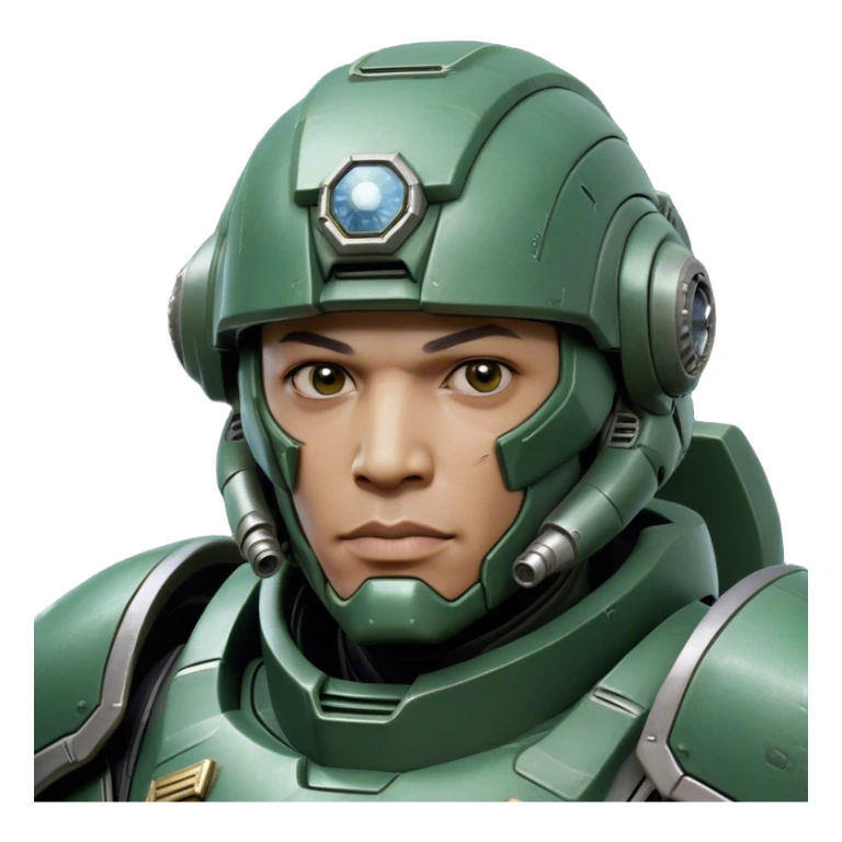 Cinematic Realistic StarCraft Terran Marine Portrait, head tilted dramatically with an exaggeratedly amused expression, blending futuristic grit with a hint of unexpected humor. His steely gaze and determined features, set against intricately detailed tactical armor in dark green and grey, are rendered with lifelike texture and dynamic lighting, high shine, dramatic yet whimsical, capturing the essence of a Terran Marine whose epic strength is accompanied by a playful edge. sticker