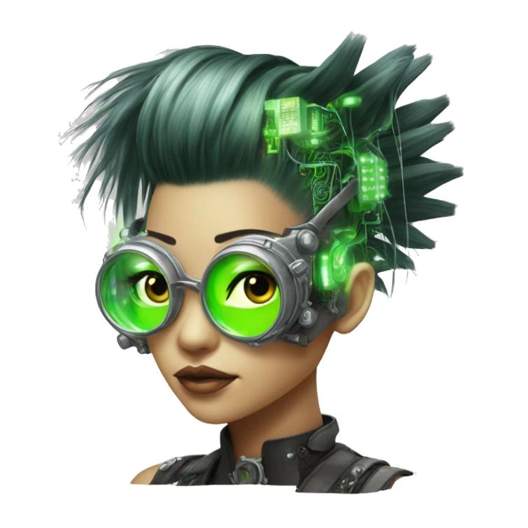 Neon green Mohawk hair Asian female cyborg head with silver steampunk goggles and circuits sticker