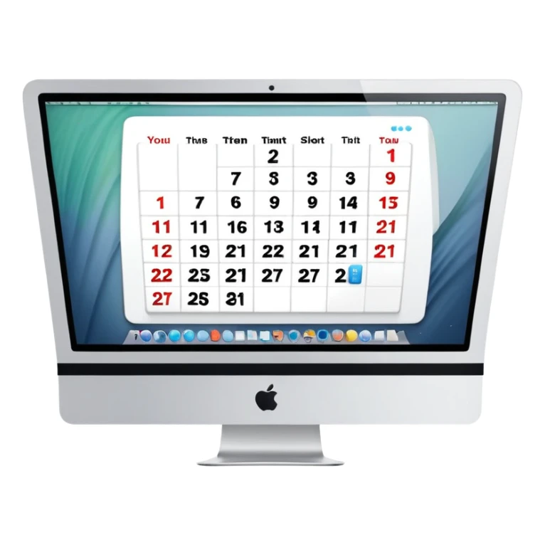front view of an iMac with a day-calendar on the screen, showing hours and client slots with some booked sticker