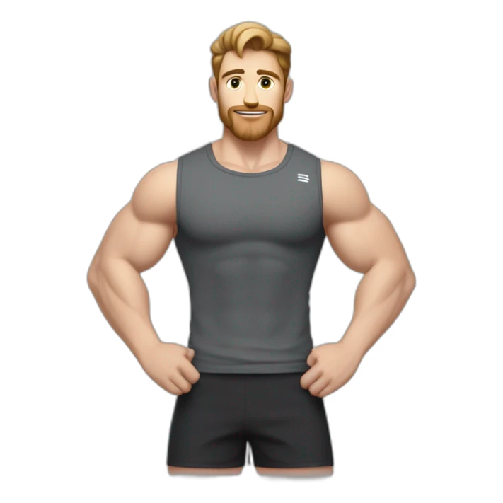 Close up Actively gesturing  with hands Pale skinned Fit Man With the biceps and brown hair in dark gray Sleeveless Mike, black oversize sports shorts, watch and white Sneakers sticker