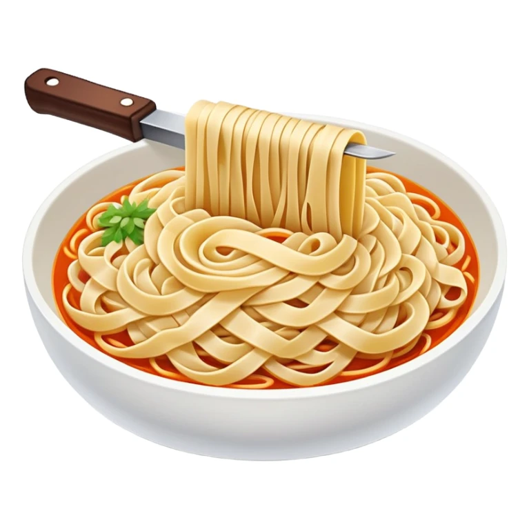 Shanxi knife-cut noodles with irregular thick shape being sliced, simplified emoji style with bold outlines and bright colors, cartoon style traditional Dao Xiao Mian sticker