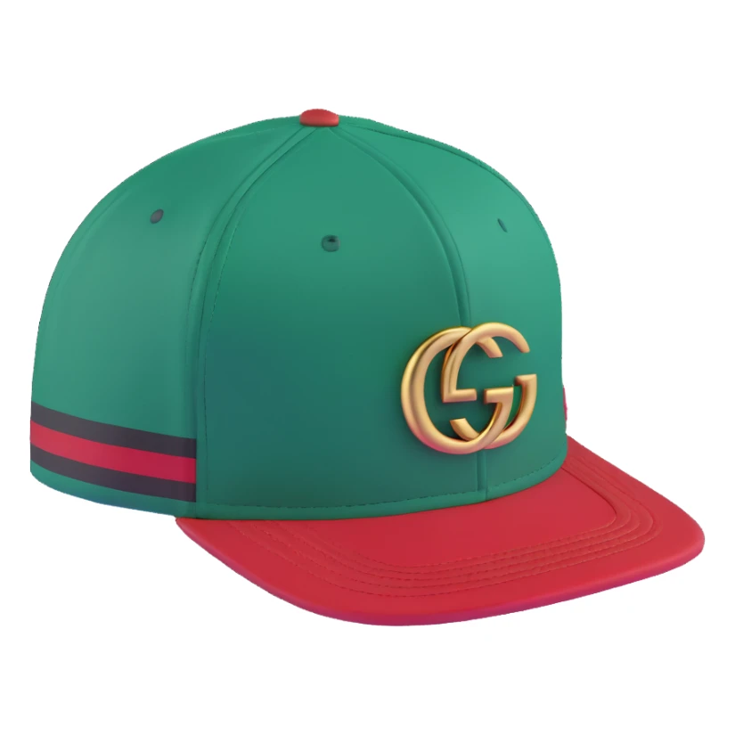 luxury Gucci cap with green and red stripes and gold logo sticker