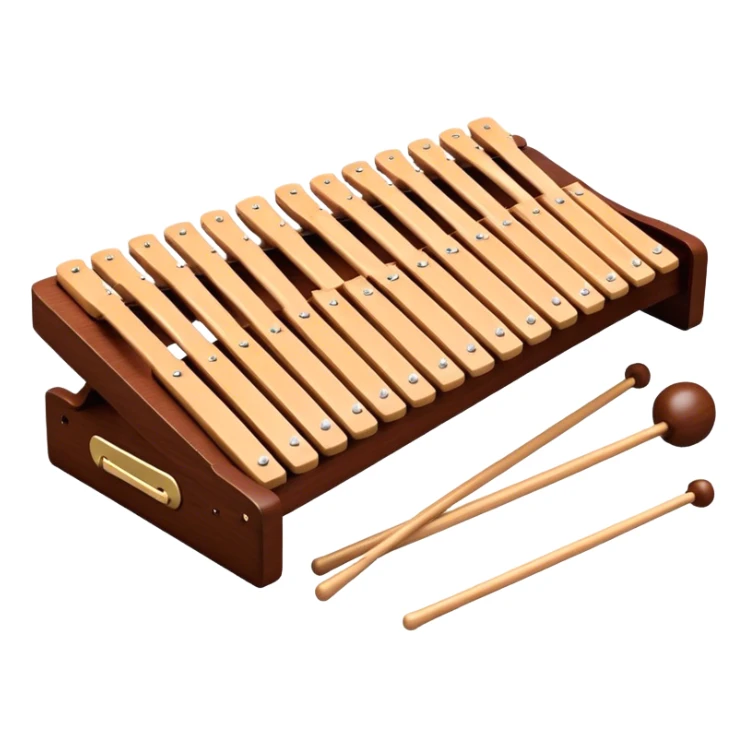 Create a detailed and professional emoji representing a Fleet FLT-SX37 long orchestral wooden xylophone. The design should showcase the large wooden bars of the xylophone, arranged in a traditional setup, with soft metallic accents on the mallets. The bars should have a rich wood texture, with polished details to reflect the quality of the instrument. The mallets should be held above the bars, with the heads clearly visible. Use warm, rich wood tones like mahogany and light brown, with silver or metallic accents for the mallets. Add subtle musical notes floating above the xylophone to emphasize its melodic sound. The background should be transparent. sticker