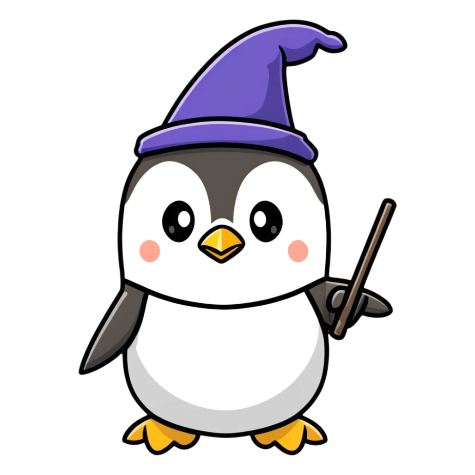 Penguin wizard with magical wand and wizard hat, cartoon sticker sticker