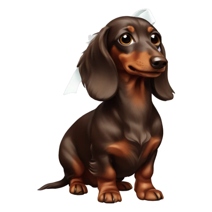a chocolate long-haired dachshund with white bows sticker