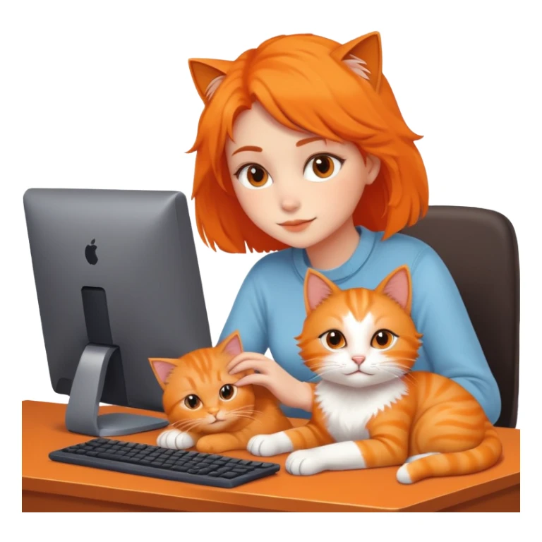A girl is working in front of a computer, and a cat is lying next to the computer sticker