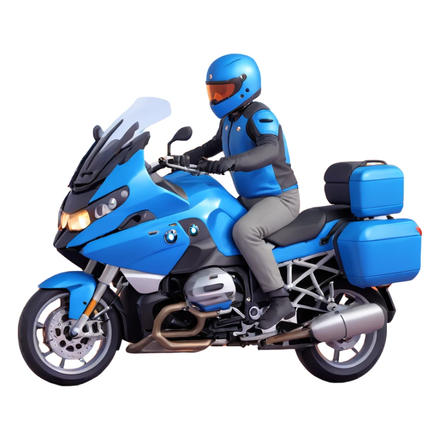 blue BMW RT1200 touring motorcycle with rider on open road sticker