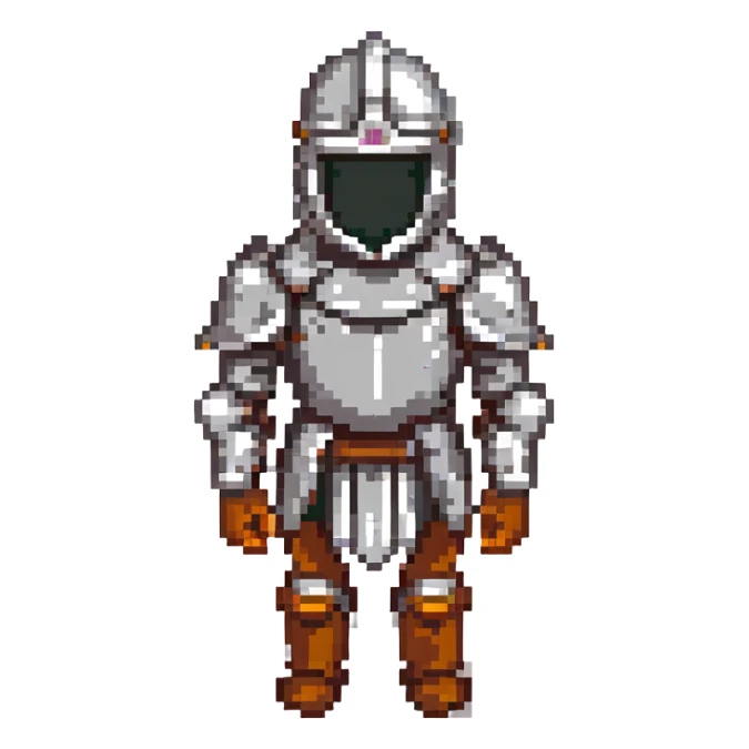 A pixel art knight in armor with a closed helmet, expressing sadness. The knight's arms and legs are in different positions. The image is portrait-sized and has a clear outline. sticker