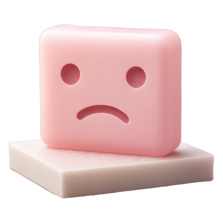 Light pink soap bar sitting on a soap holder, with soap bubbles  sticker