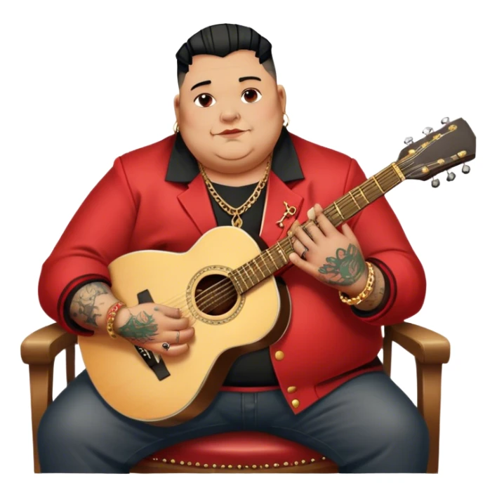 Icon for Chanson: Old fat chanson singer with tattoos, red jacket, gold chains and braslettes, sitting on a chair with an acoustic guitar. The atmosphere should reflect a nostalgic, soulful vibe with vintage elements. Transparent background. sticker