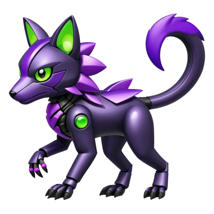 Futuristic modern mechanical badass cool shiny metallic alloy black-obsidian purple neon-green white lime animal hybrid Fakemon full body sticker