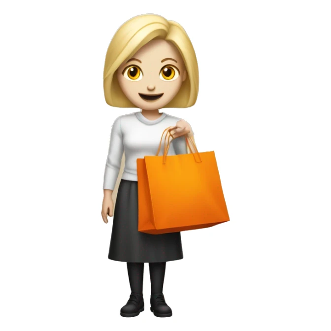 Design a white-skinned, blonde emoji-style character (iPhone aesthetic) holding an orange shopping bag labeled 'MULT EMBALAGENS sticker