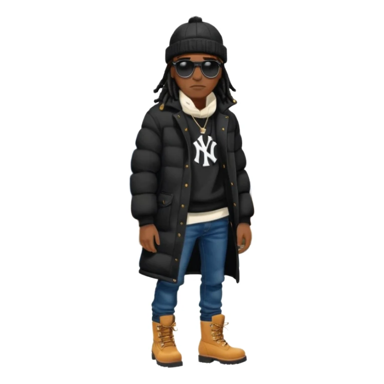 African American man brown skin complexion with black dreadlocks shoulder length wearing black bubble winter coat wearing black sunglasses with denim skinny jeans and timberland boots  wearing new york Yankees baseball cap sticker