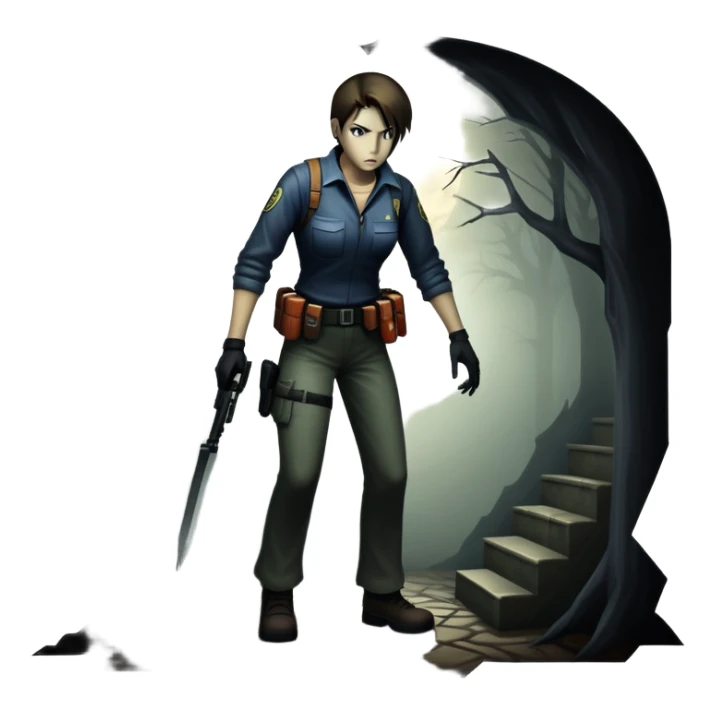 An icon featuring a dark, eerie atmosphere with a spooky environment, inspired by horror games like Resident Evil. The design includes ominous lighting, creepy shadows, and a silhouette of a character in distress. Transparent background enhances the chilling vibe of the scene. sticker
