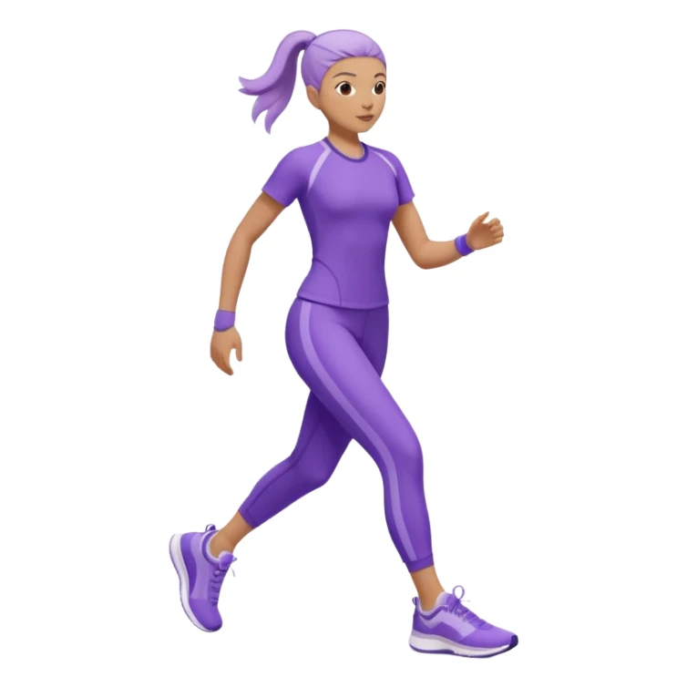Modern premium 3D emoji icon: faceless gender-neutral person walking (mid-step) in sporty activewear, smooth rounded shapes, matte + subtle gloss, top-left studio light, soft shadow, faint motion trail. Purple outfit with lavender accent (no navy). Centered, transparent background, no text sticker