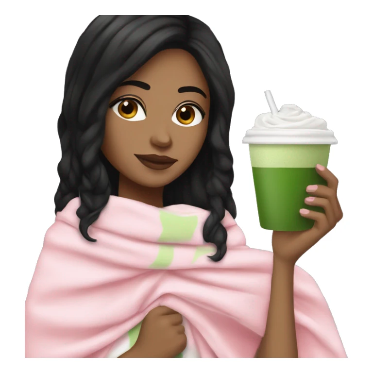 White girl with black hair holding matcha latte with pink blanket sticker