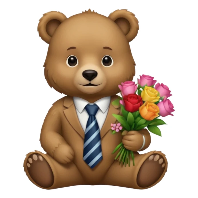 A bear sitting down wear a tie and holding a 💐 sticker