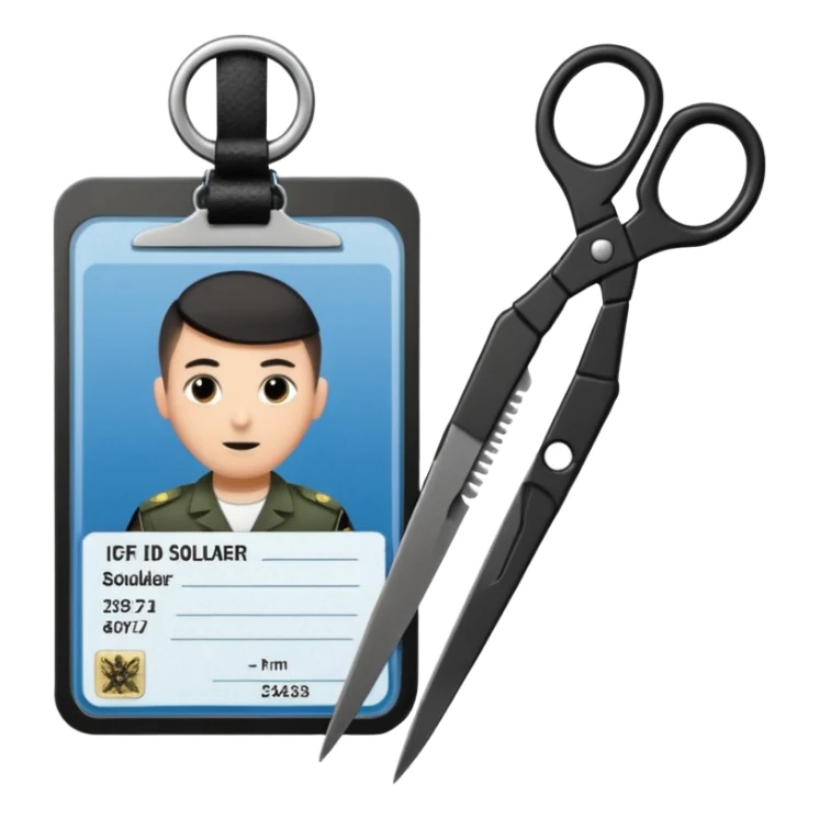 Floating black Scissors cutting an idf soldier ID card in 2 parts .hyper realistic sticker