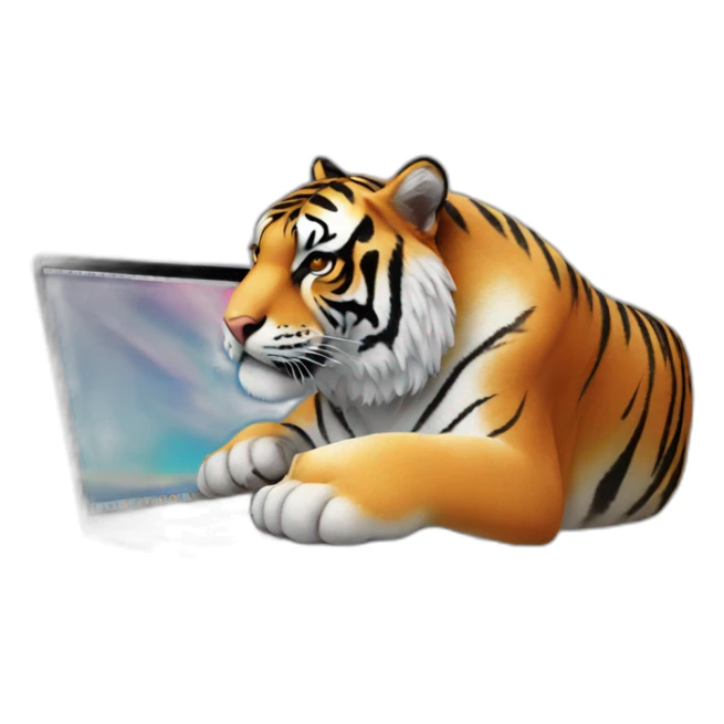 A tiger on a laptop with an "AVEX" sticker on it sticker