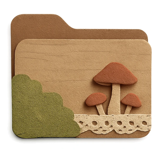 quaint folder icon in cottagecore style, folder made of wood and fabric, with moss, mushrooms, lace details, soft earthy palette, no text sticker