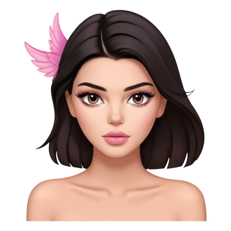Kendall Jenner model, elongated face, long flowing dark hair, pink glossy lips, pink blush on cheeks, dramatic winged eyeliner, bare shoulders sticker