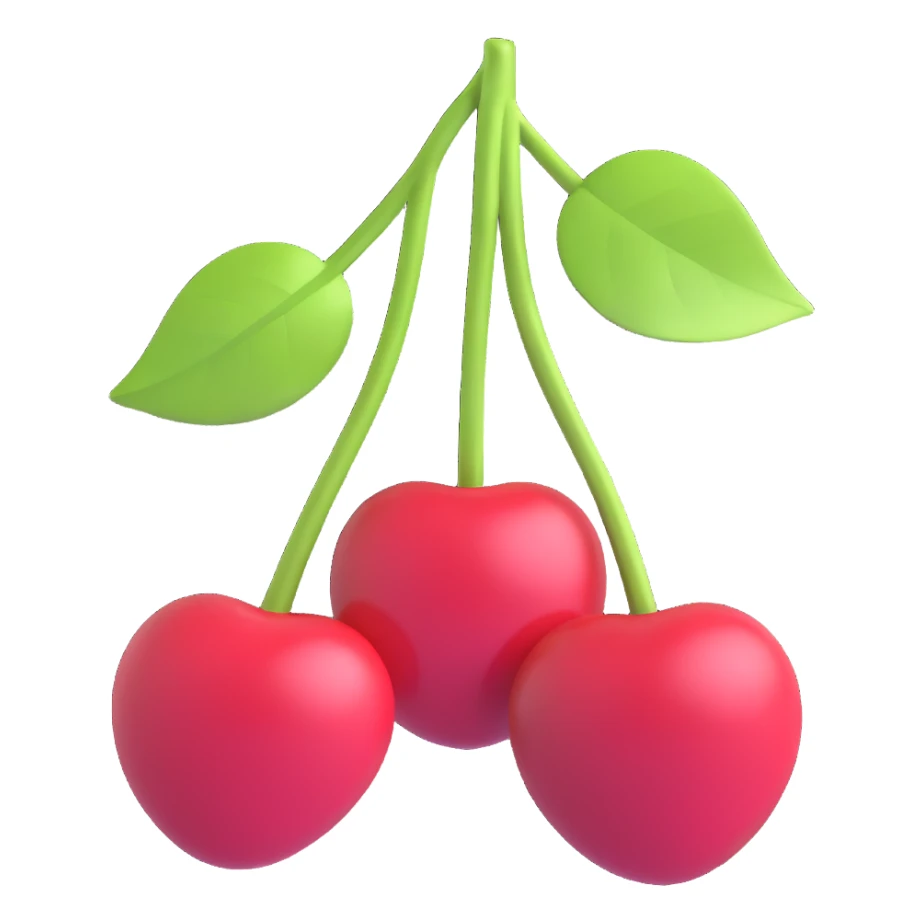 two cherries with green leaves connected by stems, 3D iOS emoji style, depth, shading, glossy finish sticker