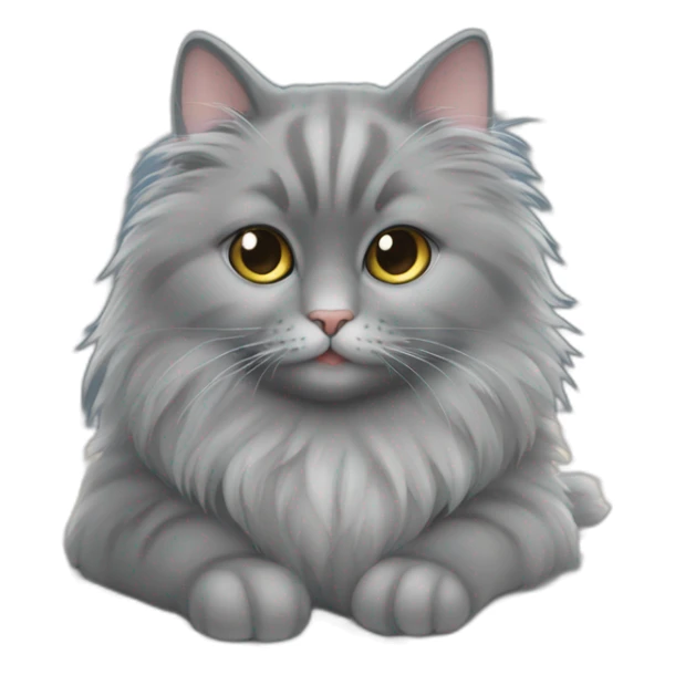 Fluffy grey cat sitting next to the MacBook sticker