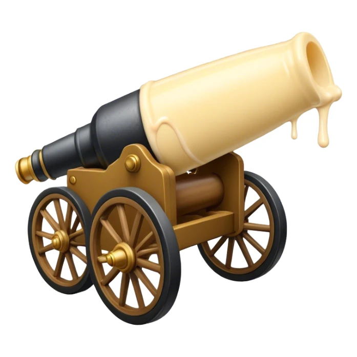 Cannon on two wheels that has some mayonnaise dripping out of the front sticker