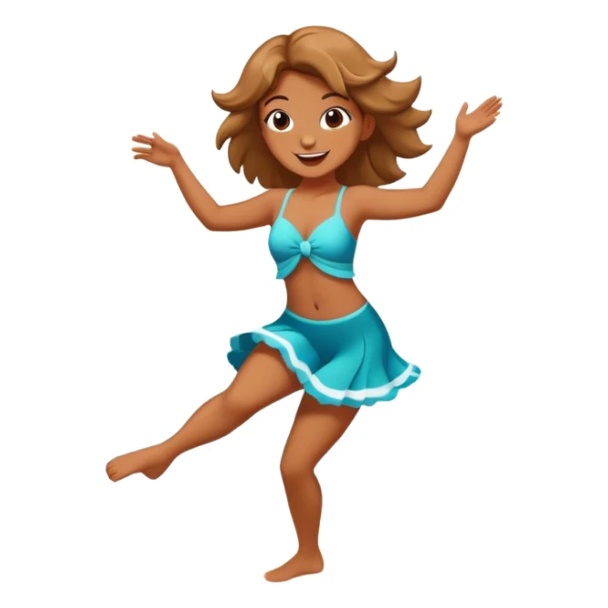 Dancing cartoon character on a sunny beach with sunlight highlighting them, playful pose, ocean waves in background sticker