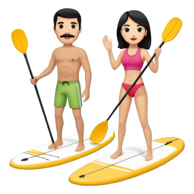 Make a couple paddle boarding both white skin and black hair and the guy has a black mustache  sticker