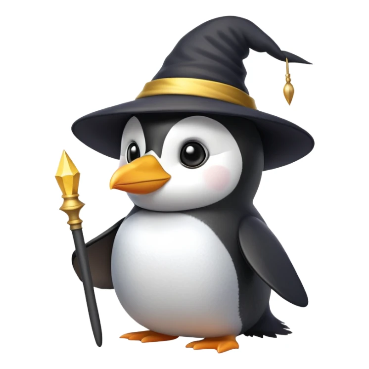 A penguin wearing a wizard hat and holding a magic wand sticker