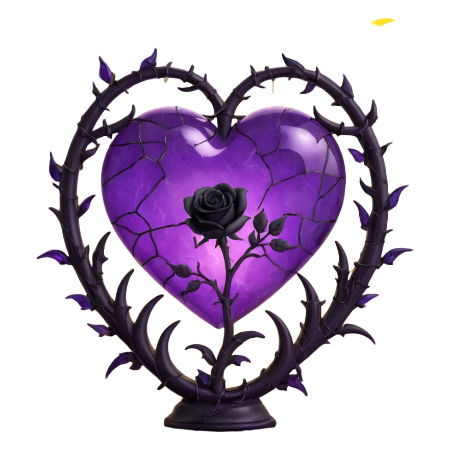gothic heart made of purple glass with double crescent moons on each side, single black rose stem, branching lightning, gentle mist rain, mosaic cracked glass texture sticker
