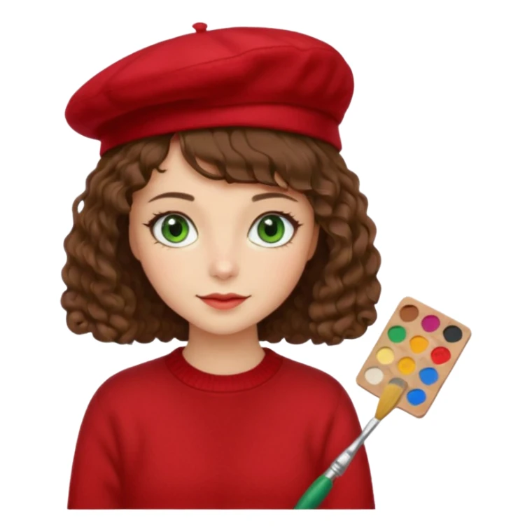 Девушка художник с кистью и палитрой кудрявые коричневые волосы  стрижка каре Волосы средней длины зеленые глаза белая кожа красная кофта В берете sticker